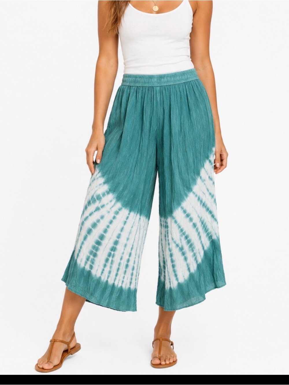 Teal Blue Green and White Tie-Dye Wide-Leg Palazzo Pants - Picture 1 of 6